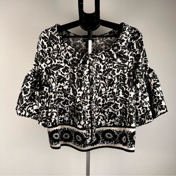 BCBGMaxAzria Tops - BCBG Max Azria Ruffle Sleeve Tie Neck Floral Blouse Medium